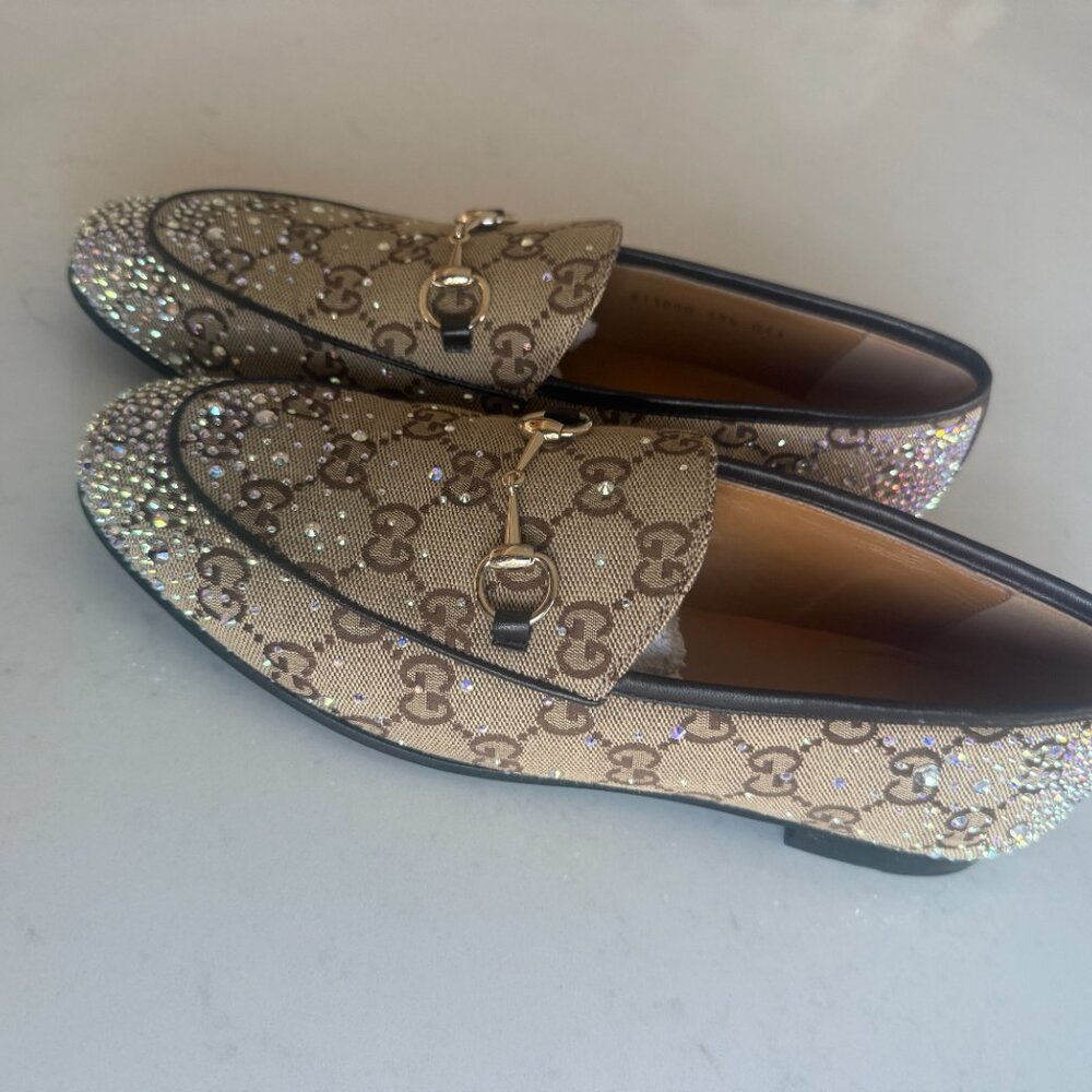 Gucci Beige GG Canvas Crystal-Embellished Horsebit Loafers - Picture 2 of 7